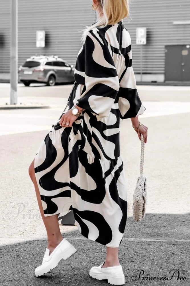 Printed Strappy Shirt Dress with Contrast Black / L