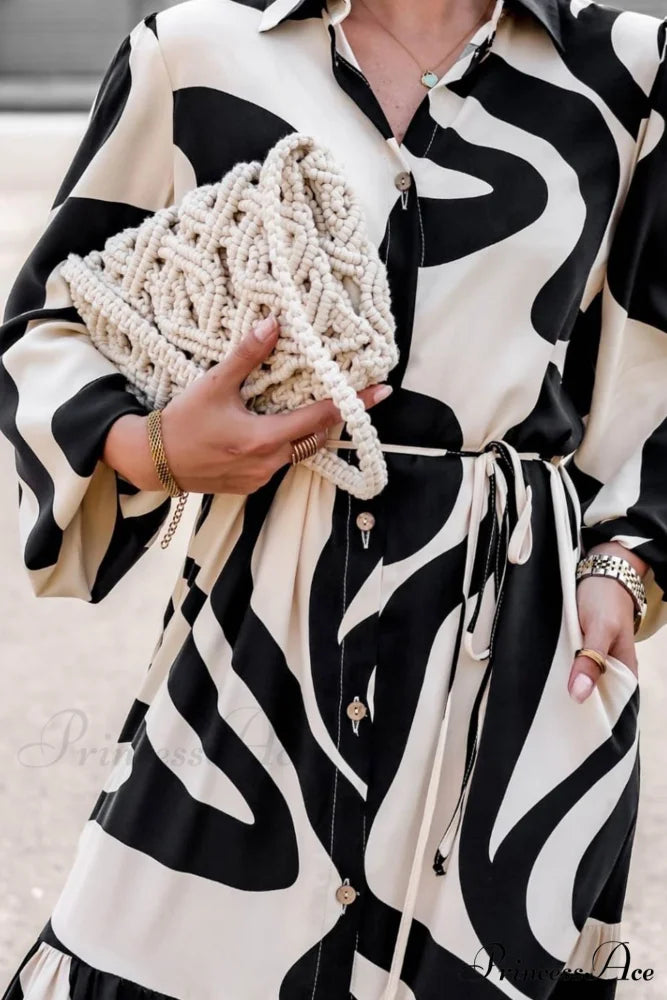 Printed Strappy Shirt Dress with Contrast Black / XL