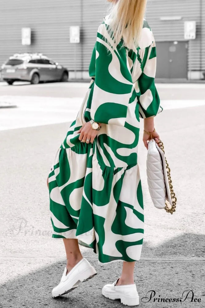 Printed Strappy Shirt Dress with Contrast Green / L