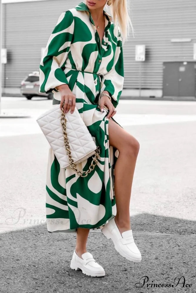 Printed Strappy Shirt Dress with Contrast Green / M