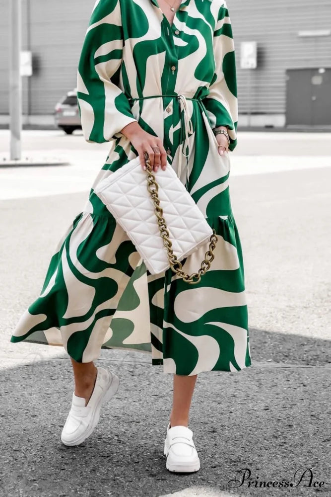 Printed Strappy Shirt Dress with Contrast Green / S