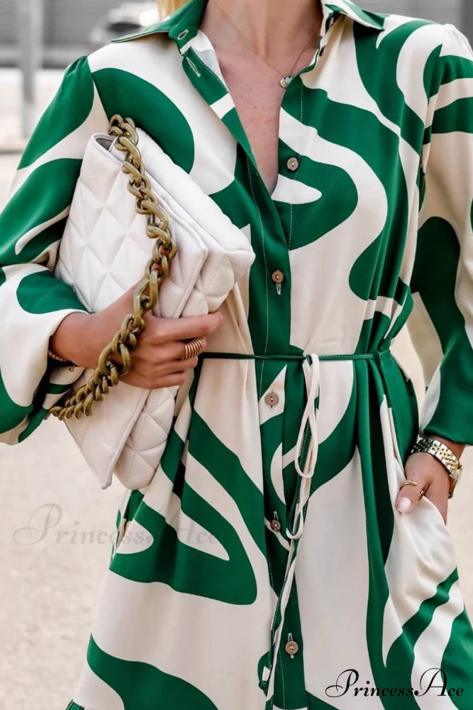 Printed Strappy Shirt Dress with Contrast Green / XL