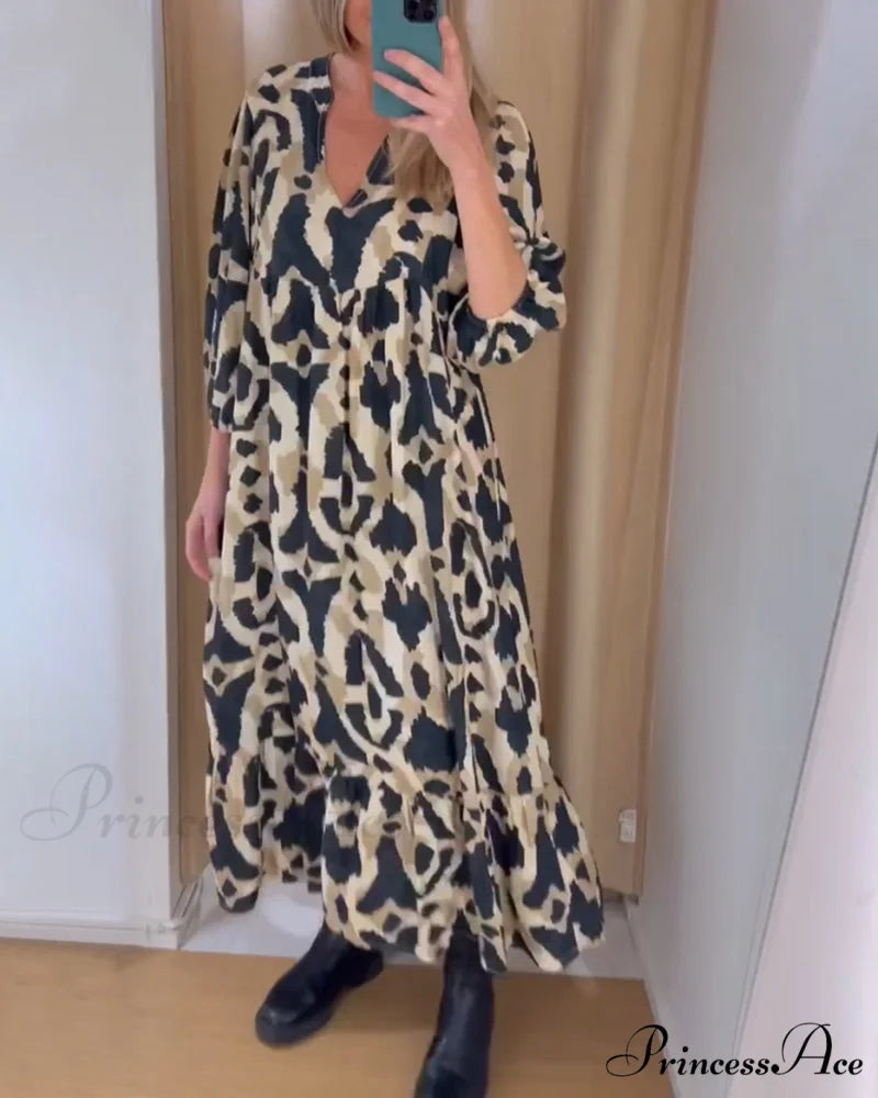 Printed V-neck Casual Long Dress