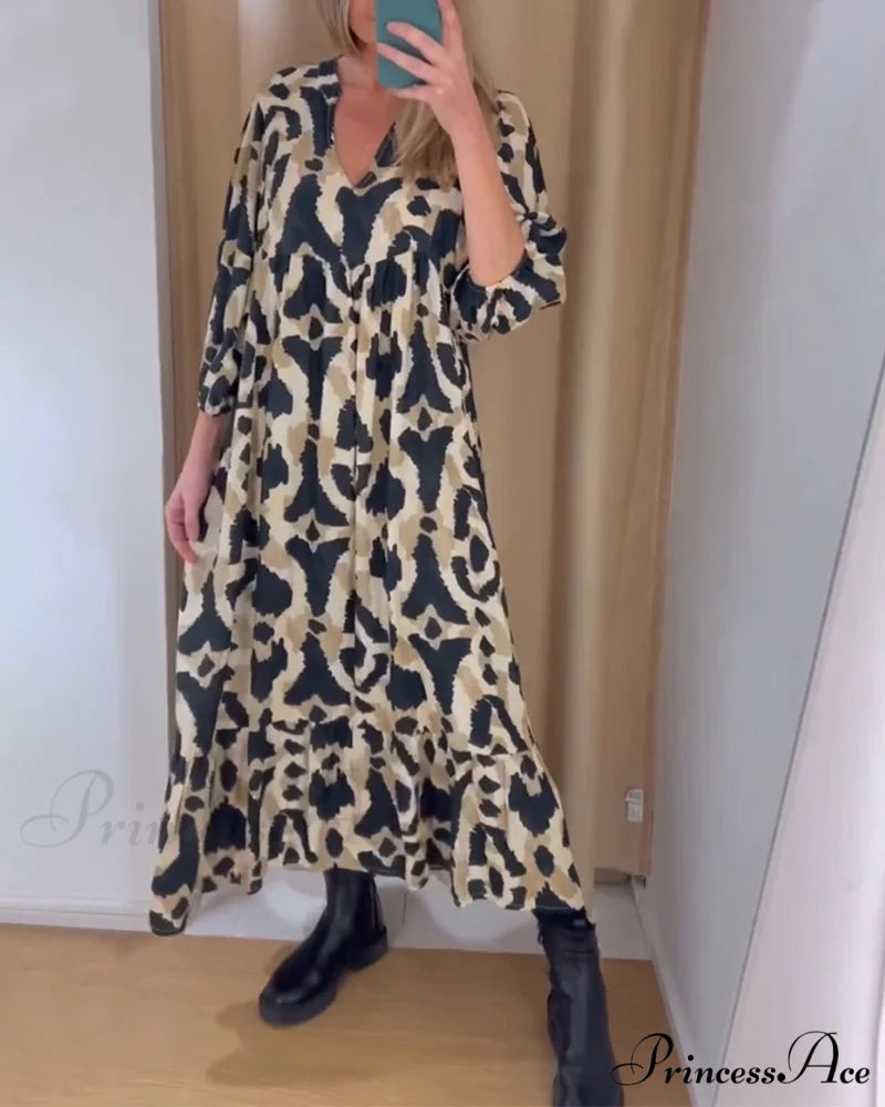 Printed V-neck Casual Long Dress Black / S