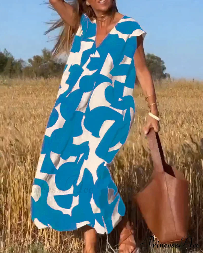 Printed V-neck Dress Blue / S