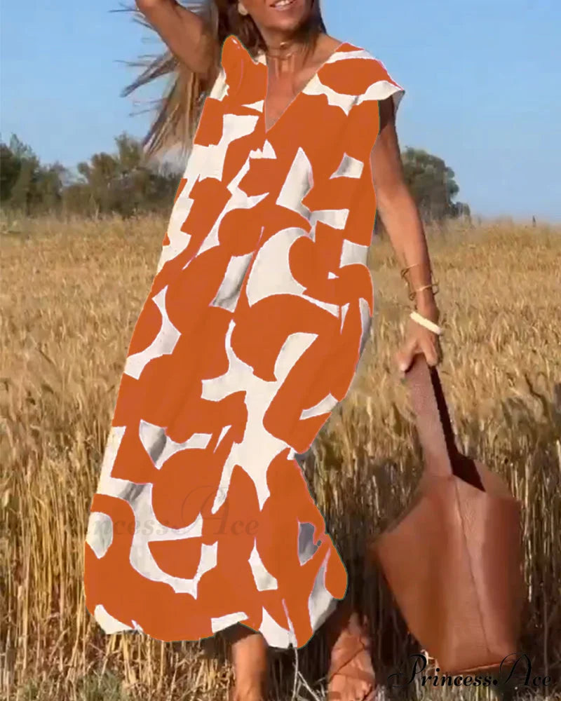 Printed V-neck Dress Orange / S