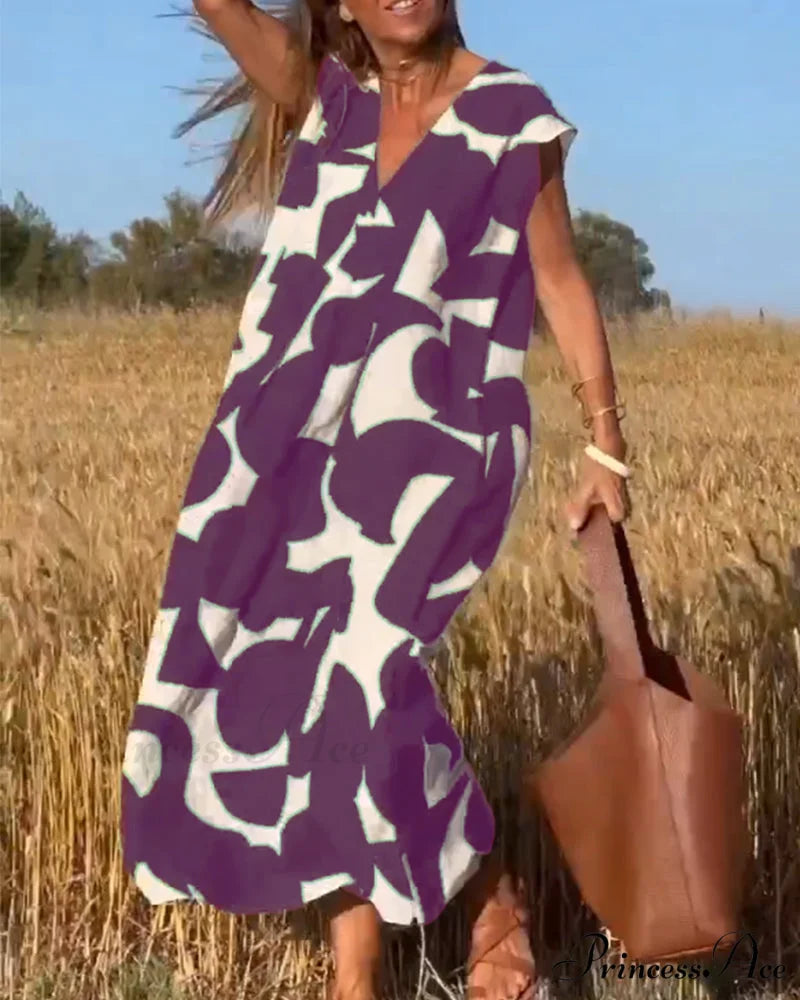 Printed V-neck Dress Purple / S