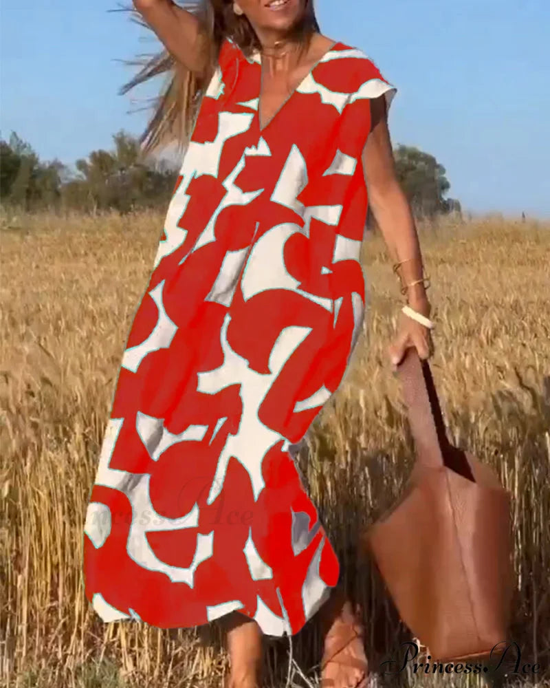 Printed V-neck Dress Red / S