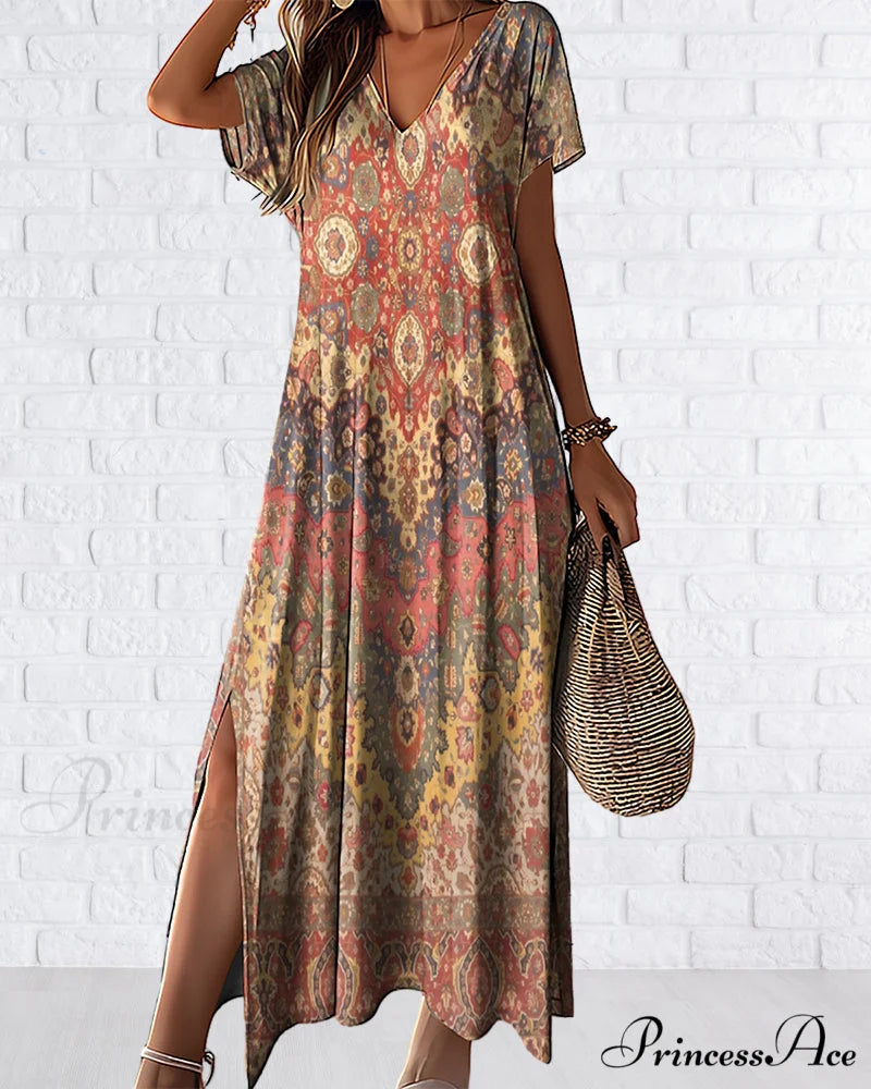 Printed V-neck dress with slit