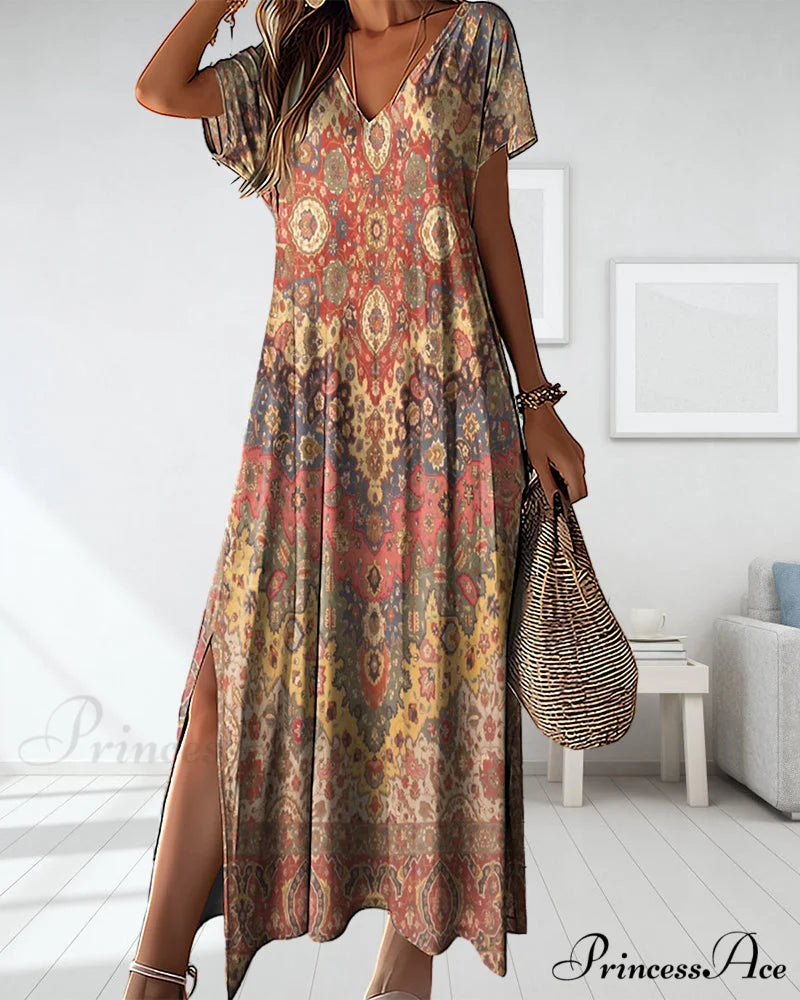 Printed V-neck dress with slit