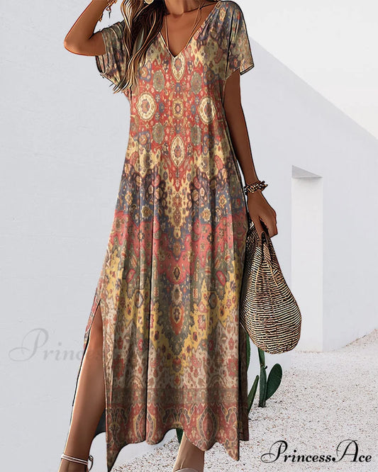 Printed V-neck dress with slit