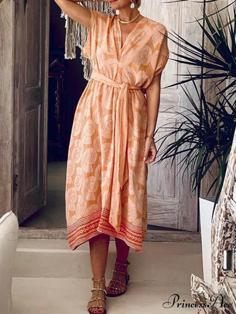 Printed V-Neck Sleeveless Charming Mid-Length Beach Dress