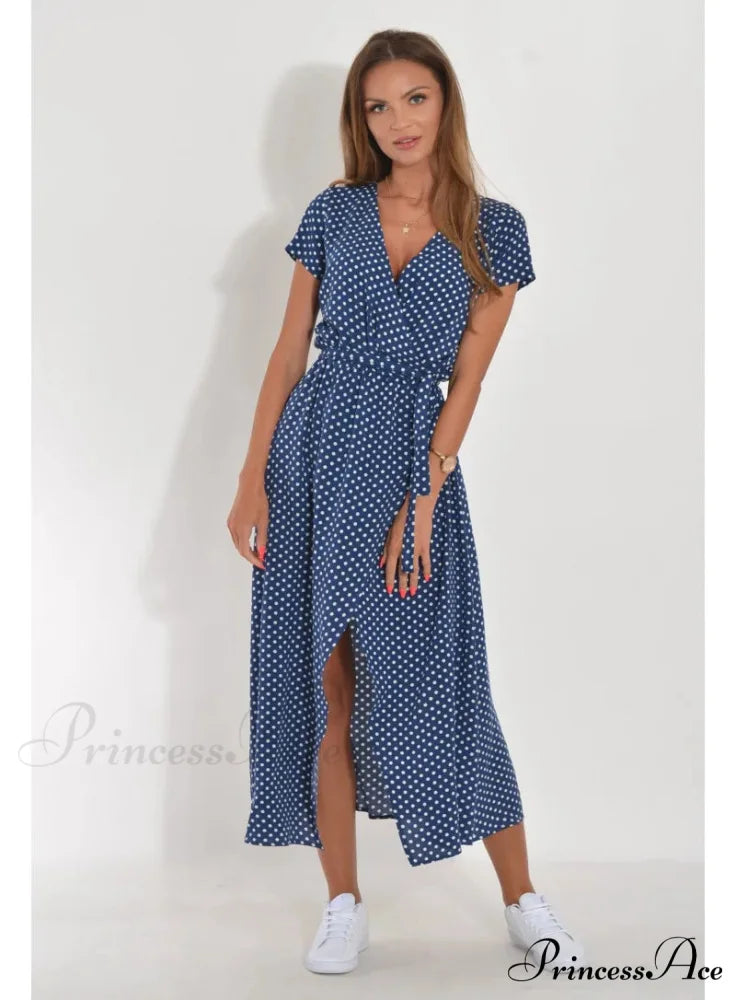 Printed V-neck Summer Dress blue1 / S oldfloraldress-250126