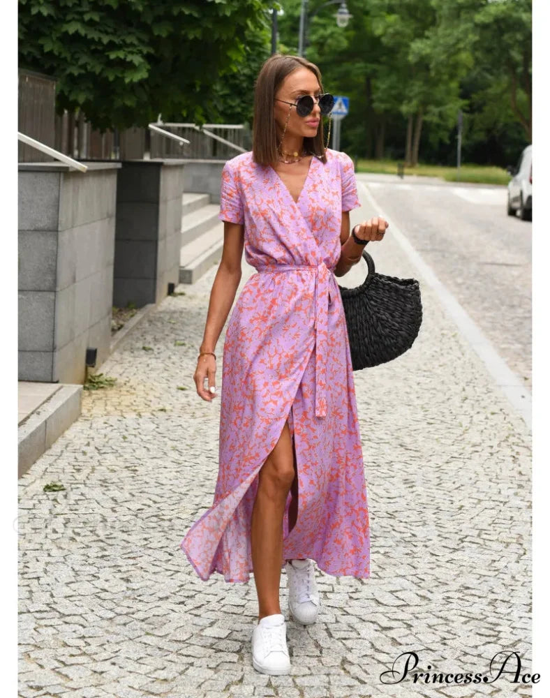 Printed V-neck Summer Dress Pink2 / S oldfloraldress-250126
