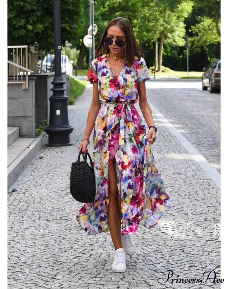 Printed V-neck Summer Dress Red1 / S oldfloraldress-250126