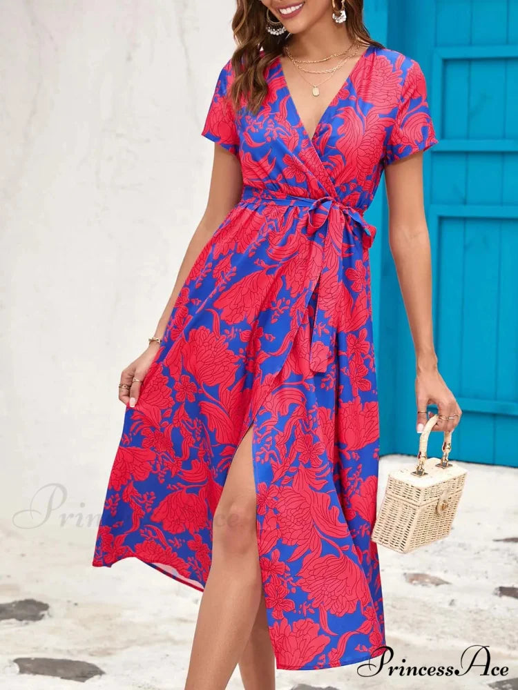 Printed V-neck Summer Dress Red2 / S oldfloraldress-250126