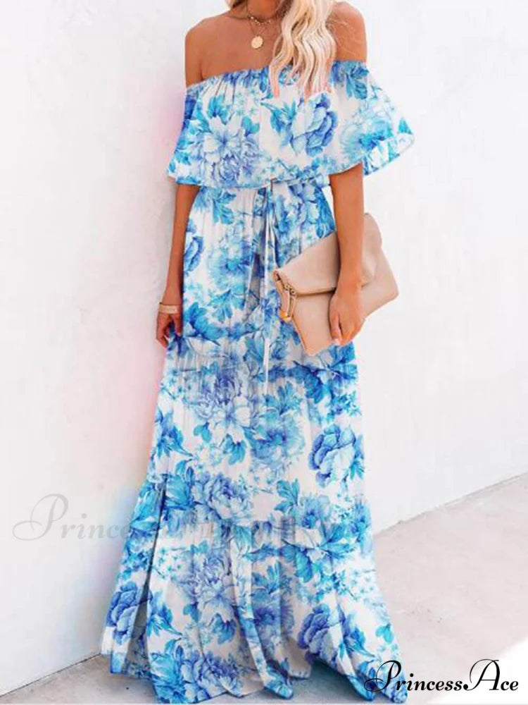 Printed Wrap Stylish Maxi Dress Sky Blue / S