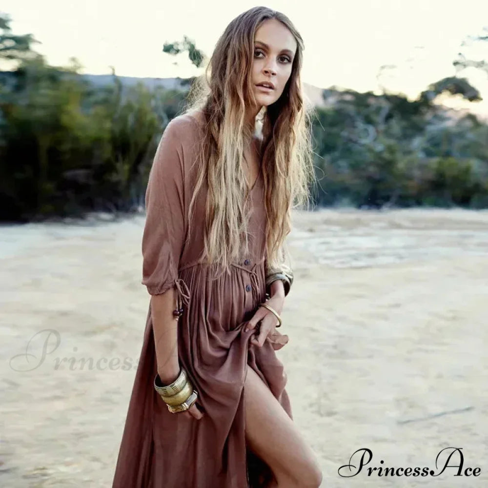 Printing Large Deep V Neck Stretch Bohemian Dress bohodress-250126