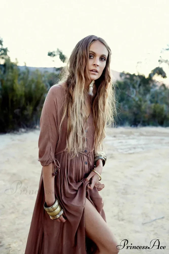 Printing Large Deep V Neck Stretch Bohemian Dress Brown / S bohodress-250126