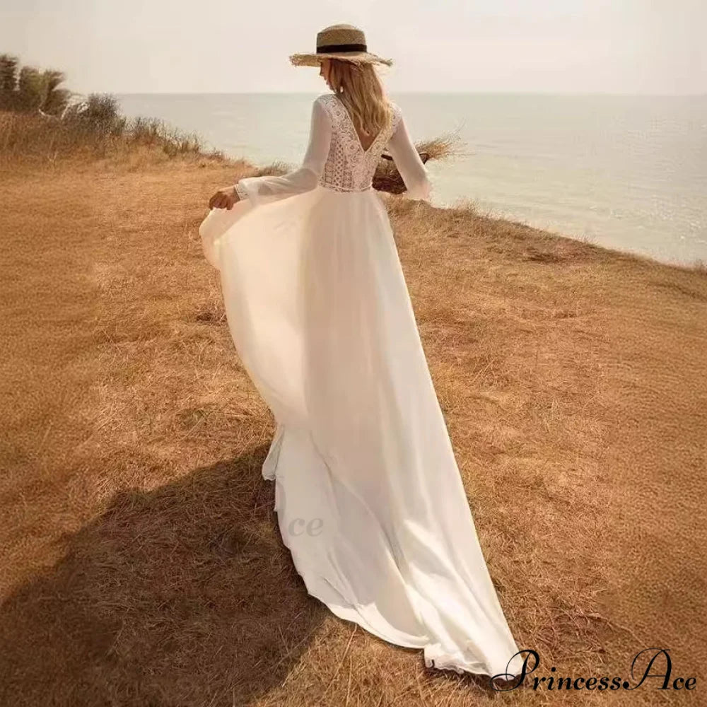 Profound Plunging Neckline Extended Sleeve Bridal Wedding Gown weddingdress-250223