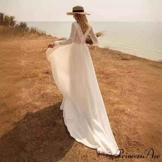 Profound Plunging Neckline Extended Sleeve Bridal Wedding Gown weddingdress-250223