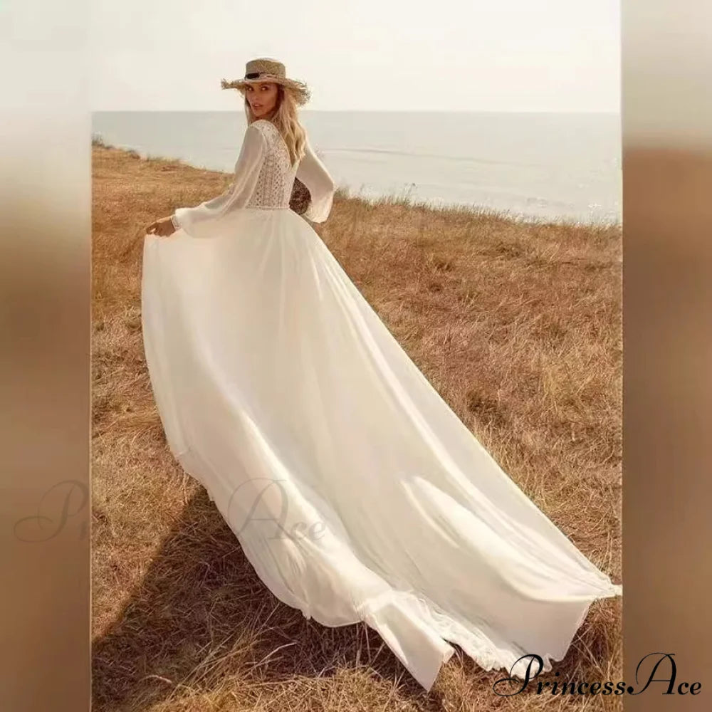 Profound Plunging Neckline Extended Sleeve Bridal Wedding Gown weddingdress-250223
