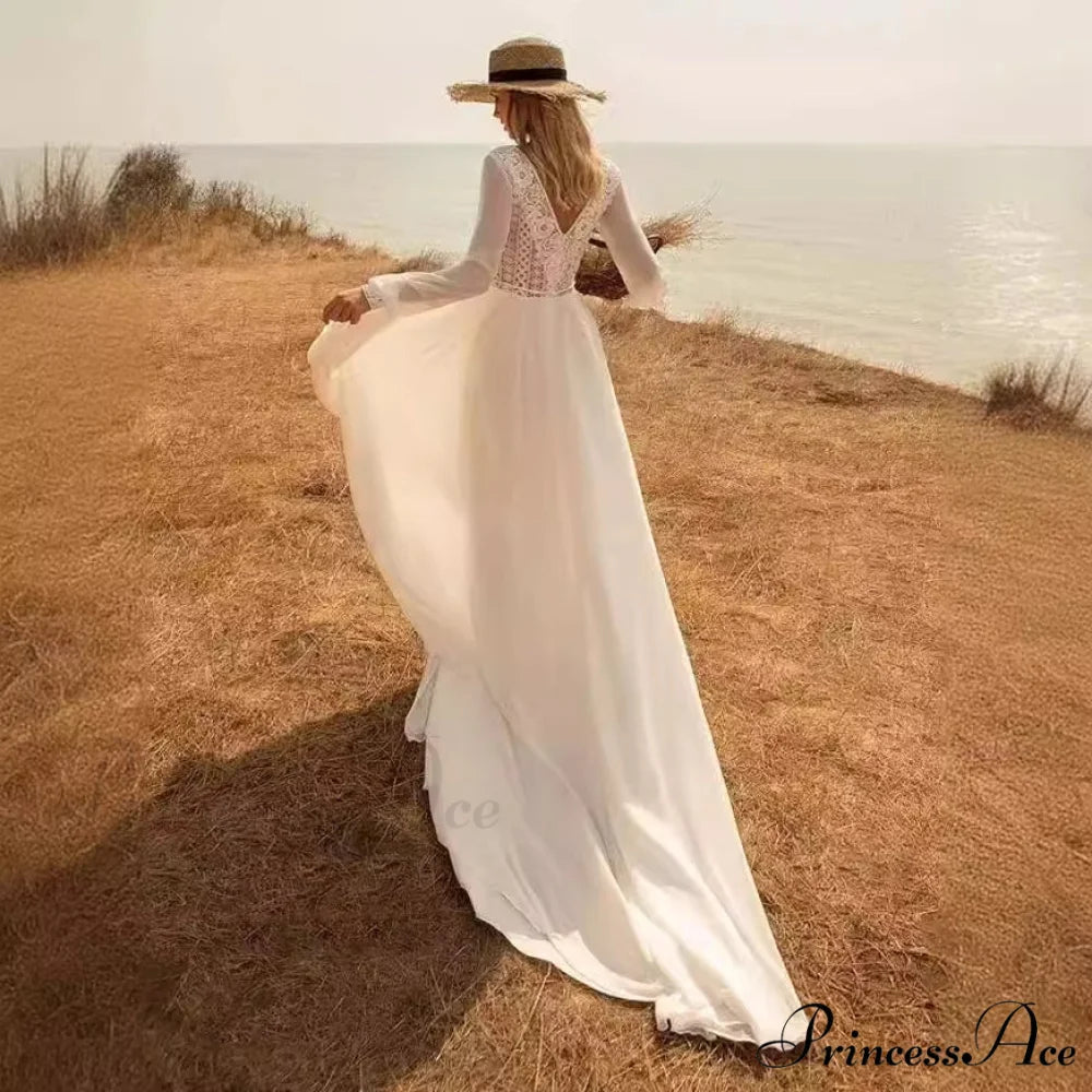Profound Plunging Neckline Extended Sleeve Bridal Wedding Gown weddingdress-250223