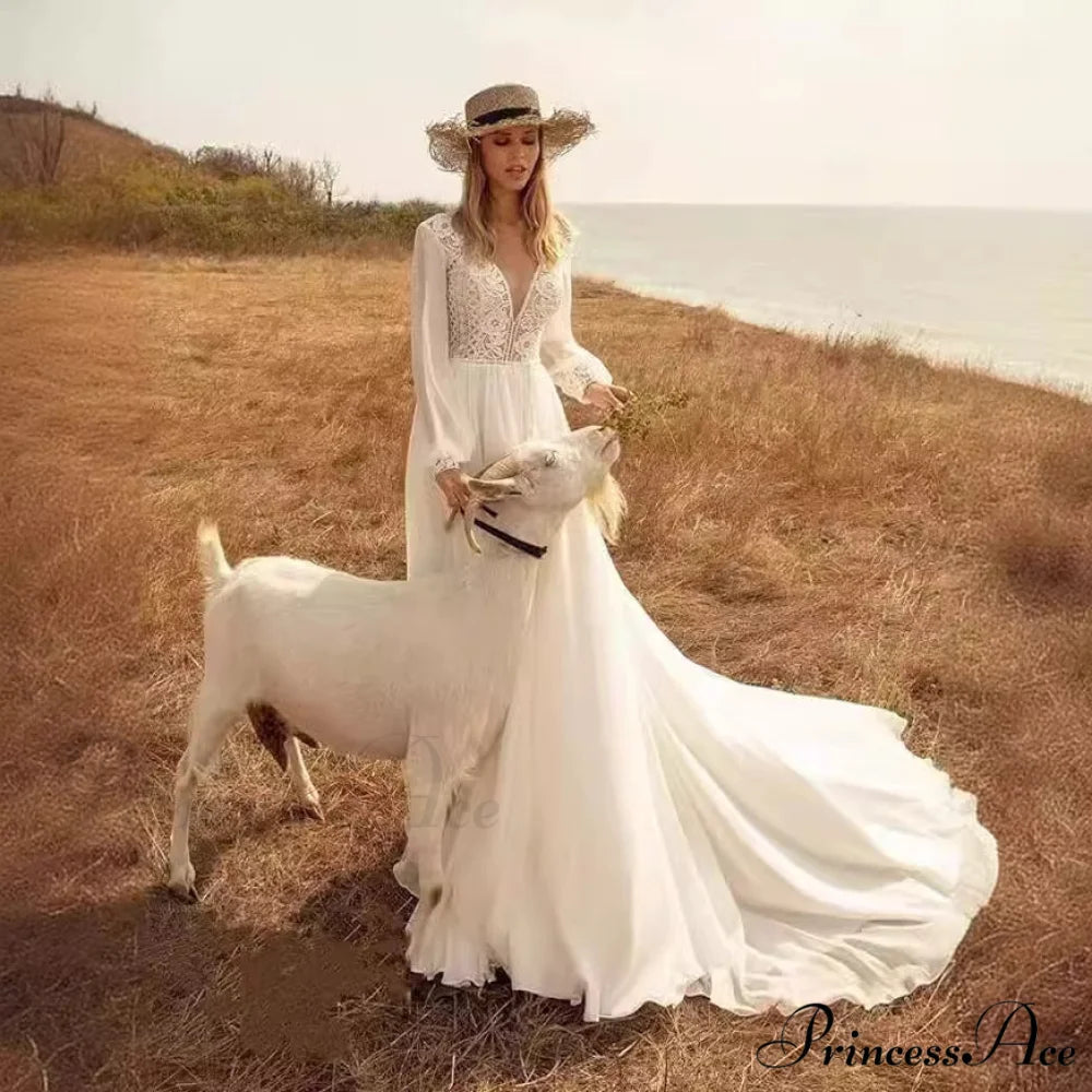 Profound Plunging Neckline Extended Sleeve Bridal Wedding Gown White / 2 weddingdress-250223