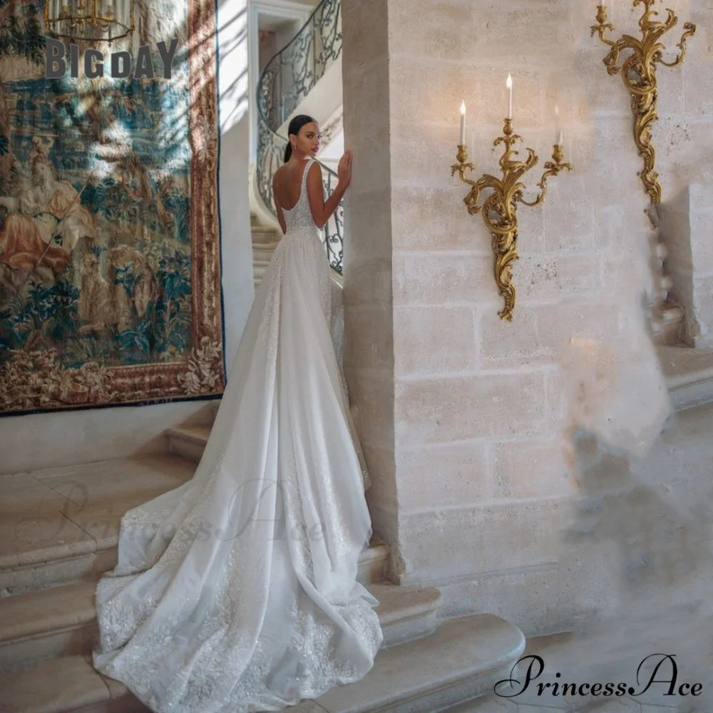 Profound Plunging Neckline Extended Tail Evening Marriage Gown weddingdress-250223