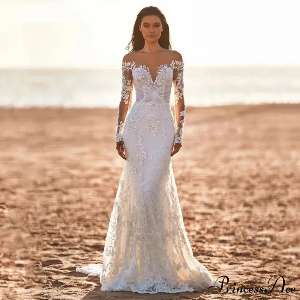 Profound Plunging Neckline Lace Mermaid Bridal Gown white / 2 weddingdress-250223
