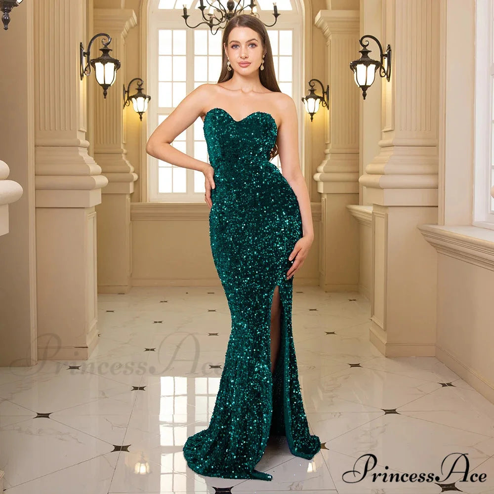 Profound Plunging Neckline Sparkling Evening Prom Gown green / S promdress-250223