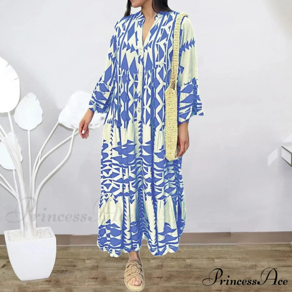 Prolonged Sleeve Ruffled Bohemian Dress BLUE / S bohodress-250126