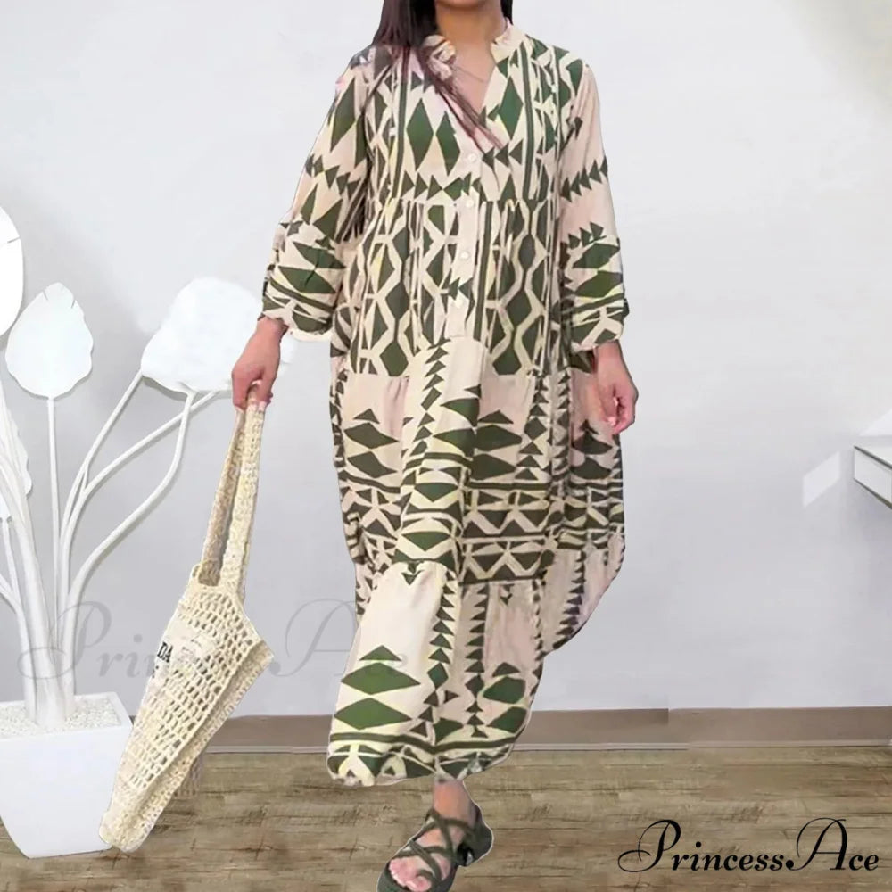 Prolonged Sleeve Ruffled Bohemian Dress Green / S bohodress-250126