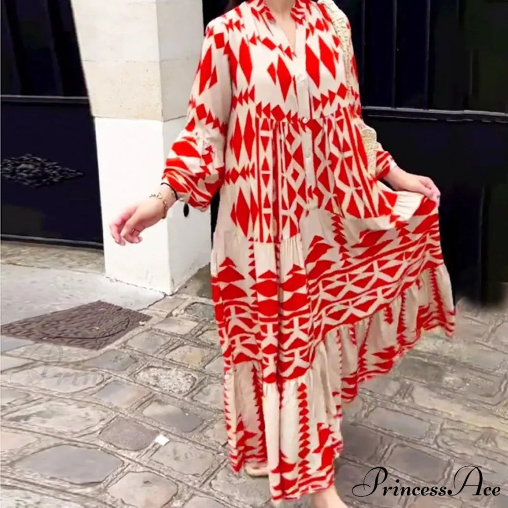 Prolonged Sleeve Ruffled Bohemian Dress Red / S bohodress-250126