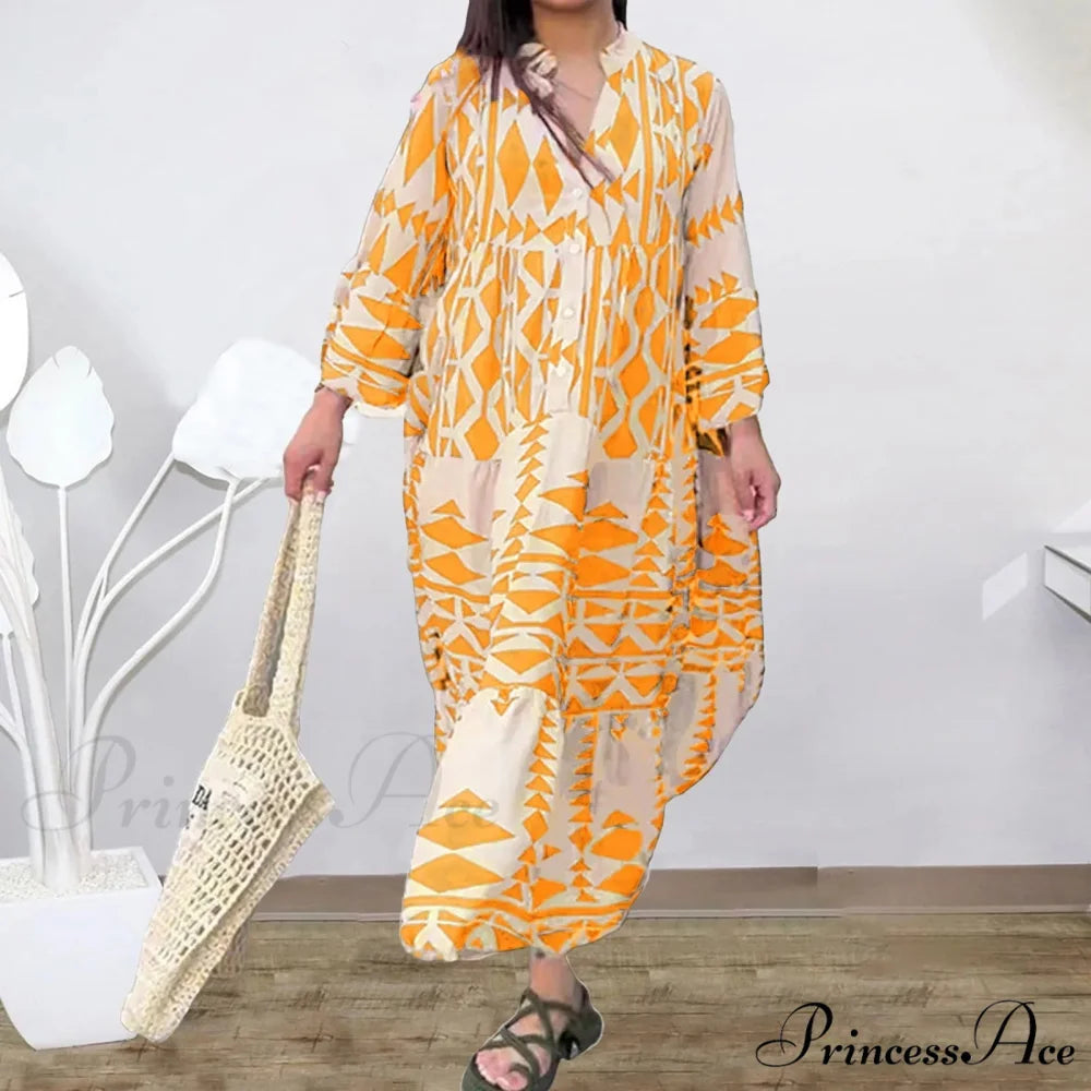 Prolonged Sleeve Ruffled Bohemian Dress Yellow / S bohodress-250126