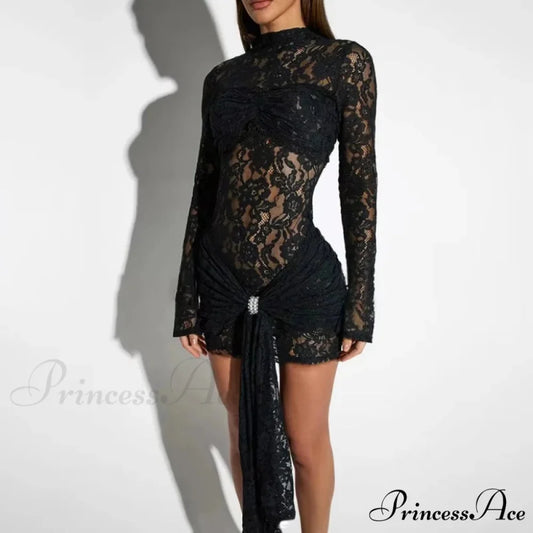 Prolonged-Sleeve Ruffled Envelop Mini Dress Black / S minidress-250223
