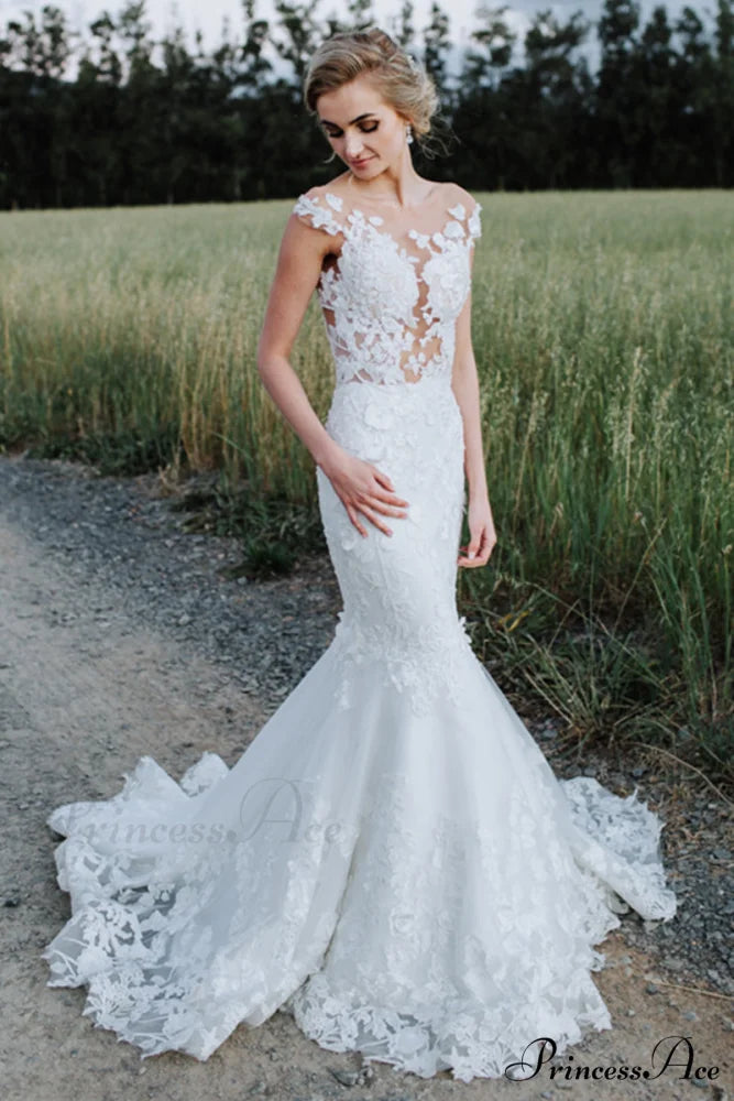 Promised Love Lace Trendy Mermaid Wedding Dress White / 2