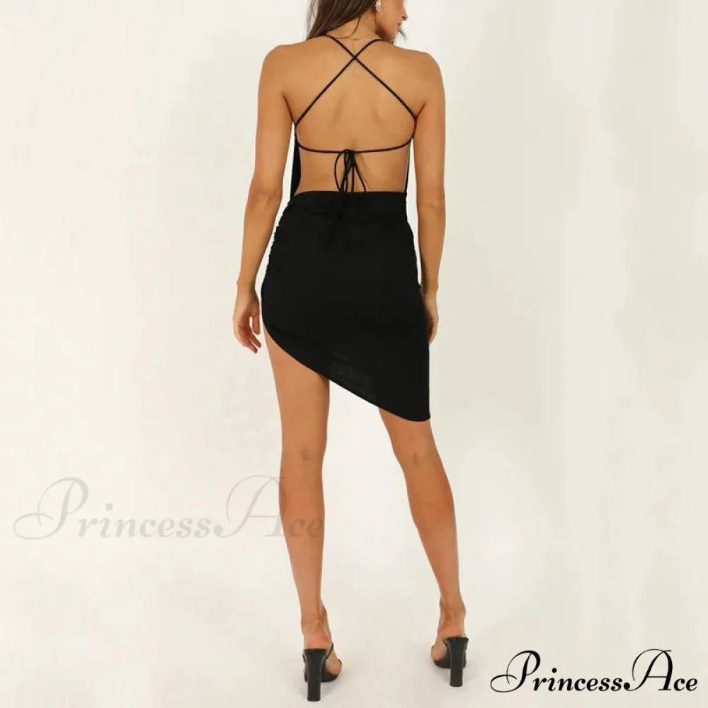 PROMOTION Summer Solid Color Women’s Hollow Out Korean Leisure Elegant Mini Y2K Clothes Sexy Irregular Top Cut Out Dress