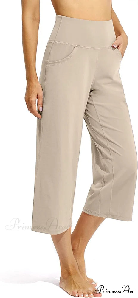 Promover Women’s Capri Pants Wide Leg Yoga Crop Pants Light Khaki / Large