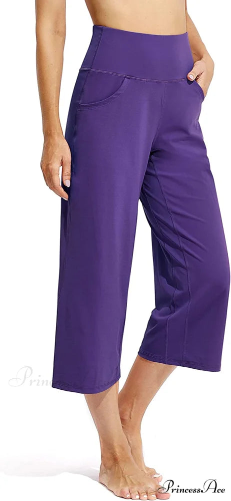Promover Women’s Capri Pants Wide Leg Yoga Crop Pants Capri-royal Purple / Large