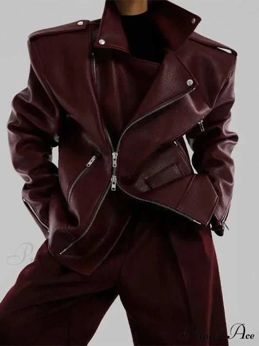 PU Leather Double Zipper Coat wine red 1 / S