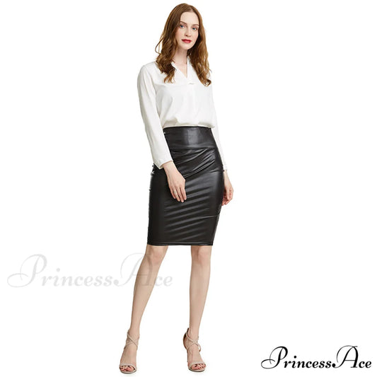 PU Leather Elegant Pencil Midi Skirts