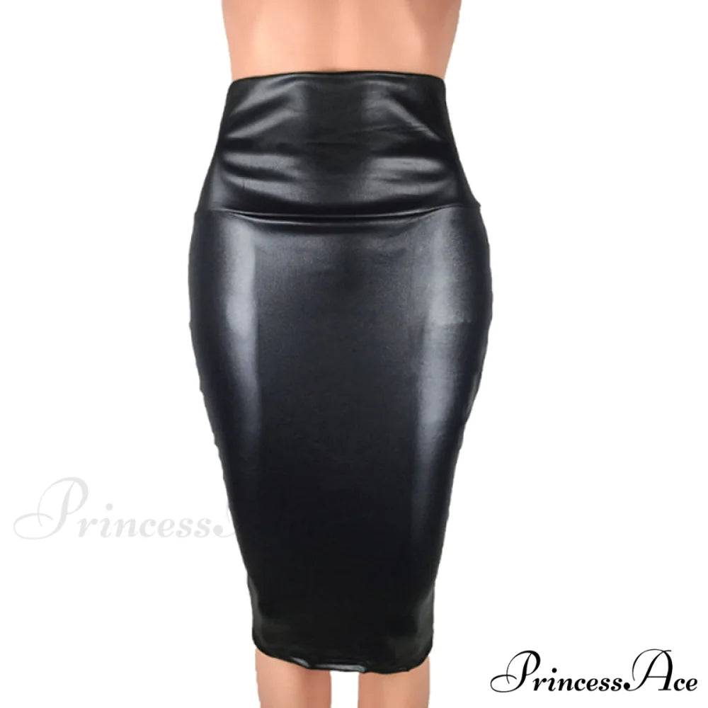 PU Leather Elegant Pencil Midi Skirts Black / S