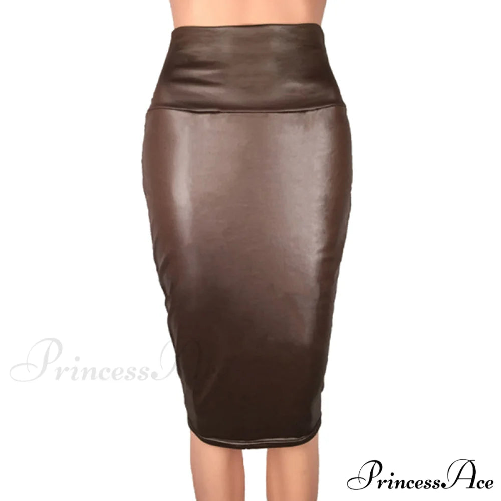 PU Leather Elegant Pencil Midi Skirts Brown / S