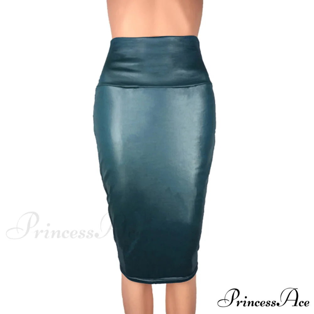 PU Leather Elegant Pencil Midi Skirts Jean Blue / S