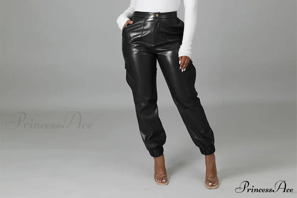 PU Leather Fashion Elegant Office Pants Styel 3-black / S
