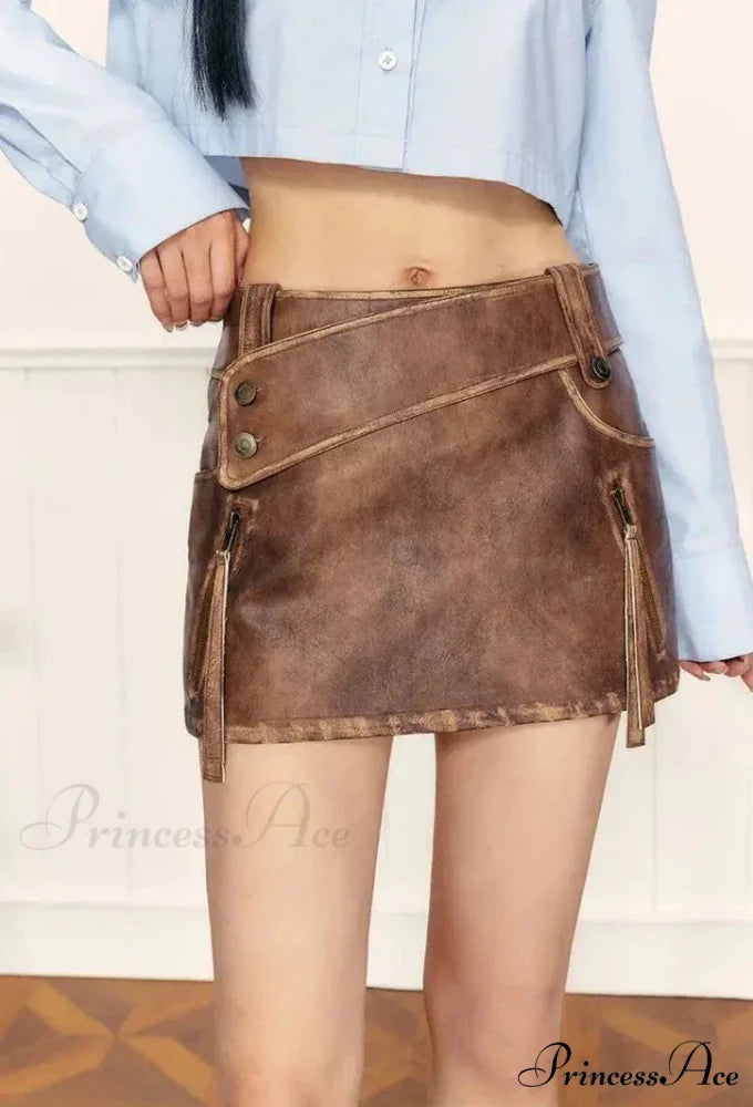 PU Leather High Waist A-Line Trendy Zipper Design Belted Mini Skirt