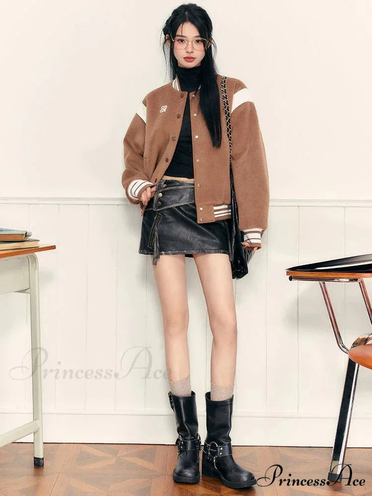 PU Leather High Waist A-Line Trendy Zipper Design Belted Mini Skirt