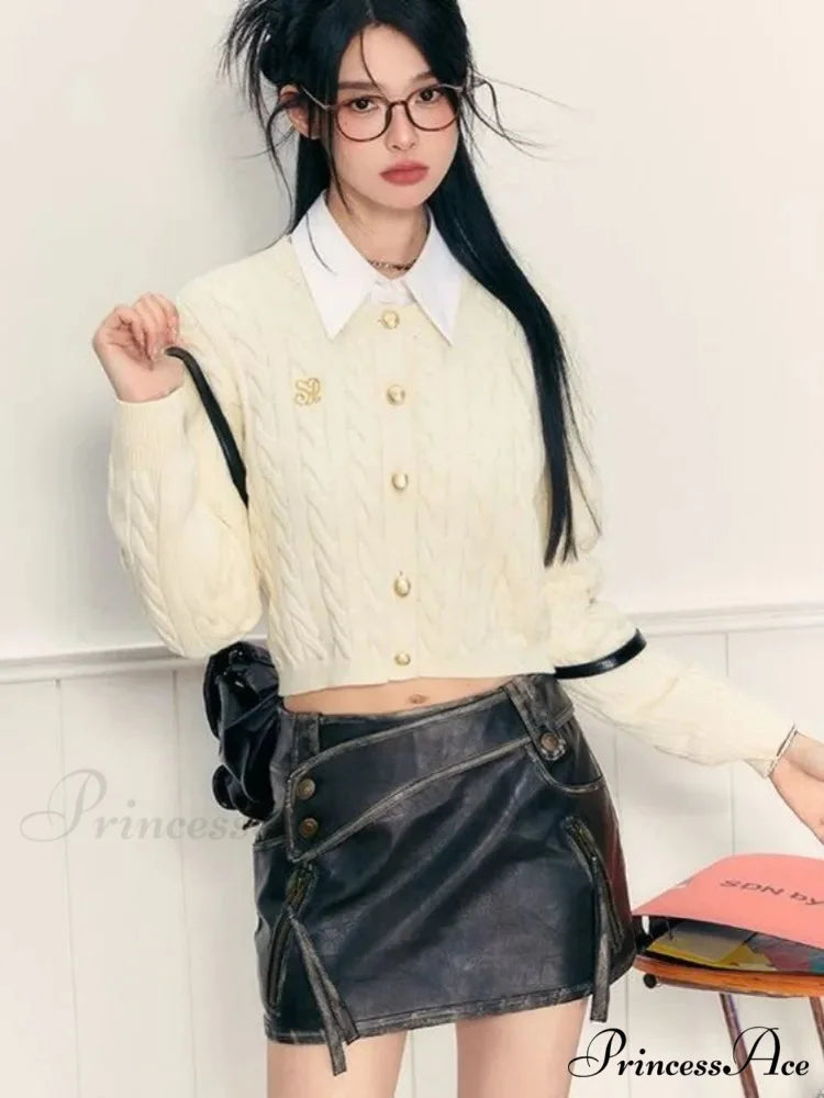 PU Leather High Waist A-Line Trendy Zipper Design Belted Mini Skirt
