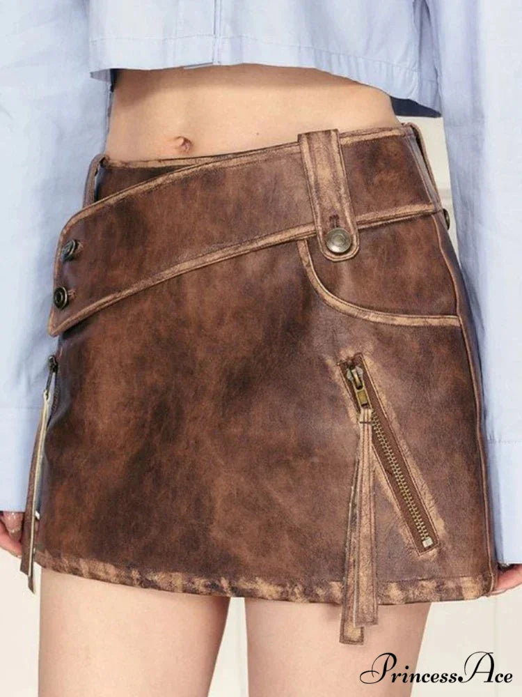 PU Leather High Waist A-Line Trendy Zipper Design Belted Mini Skirt Brown / S